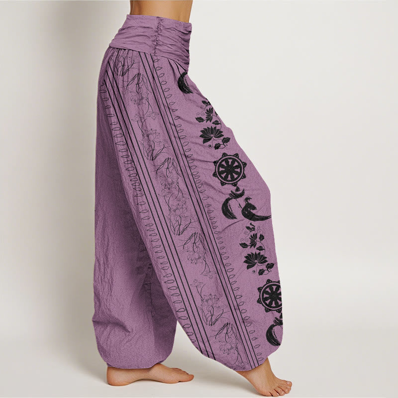 Nimara Ritual Cotton Dharma Wheel Lotus OM Pattern Women's Elastic Waist Harem Pants
