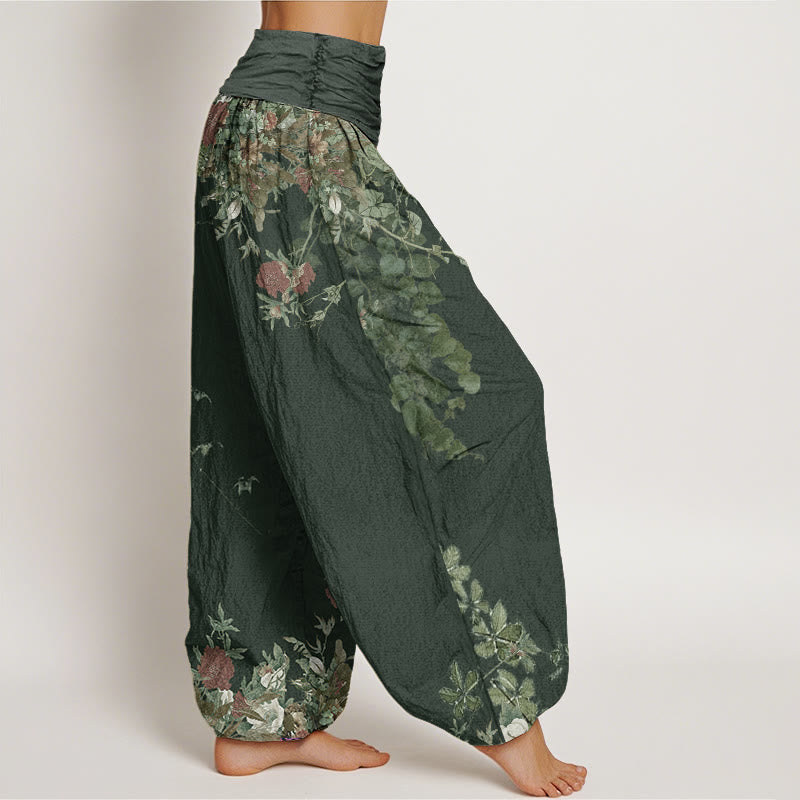 Nimara Ritual Cotton Casual Red Peony Flower Vine Design Women's Elastic Waist Harem Pants