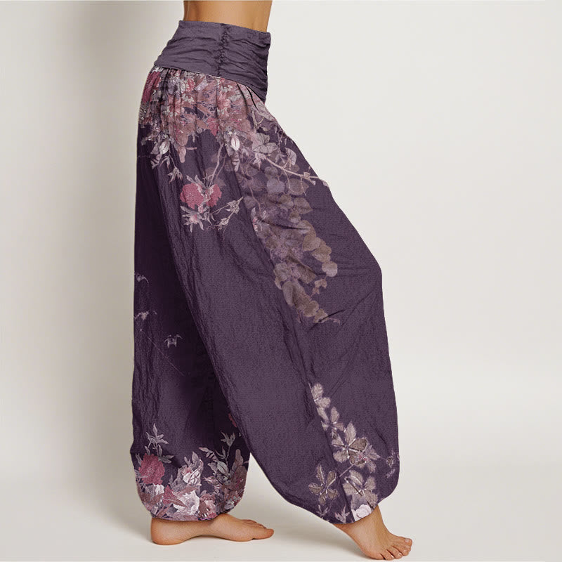 Nimara Ritual Cotton Casual Red Peony Flower Vine Design Women's Elastic Waist Harem Pants