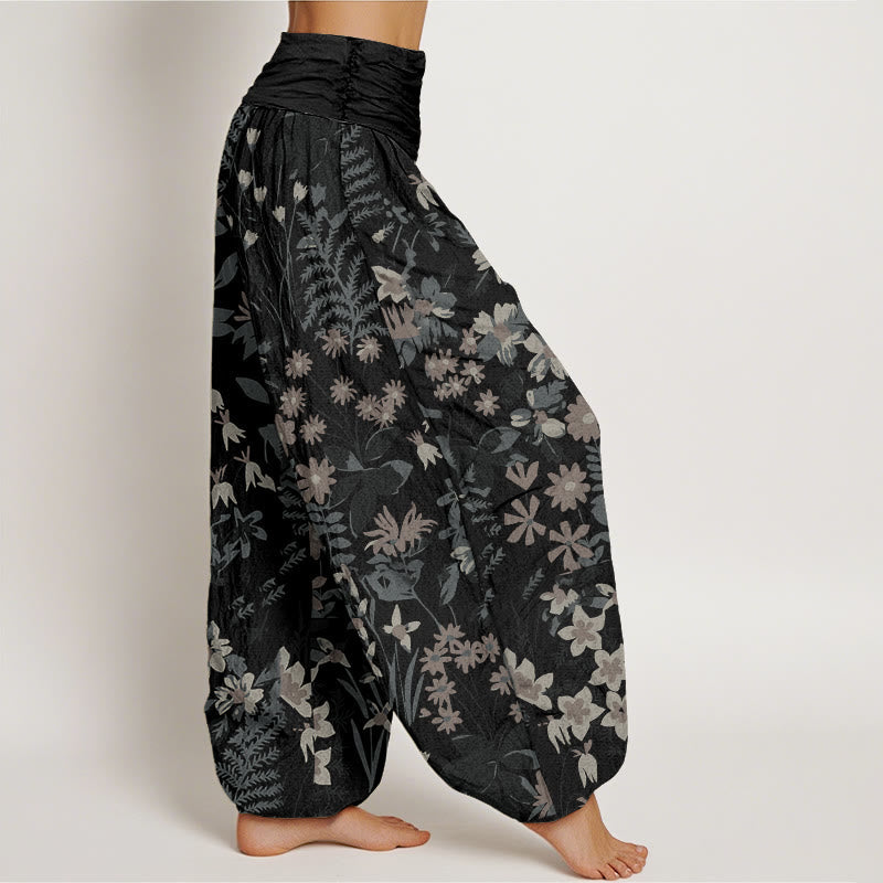 Nimara Ritual Cotton Casual Daisy Flowers Leaves Design Women's Elastic Waist Harem Pants