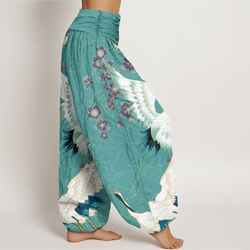 Nimara Ritual Cotton Cranes Flowers Auspicious Clouds pattern Women's Elastic Waist Harem Pants