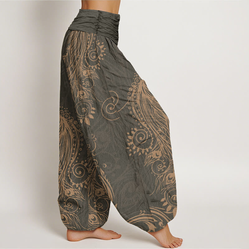 Nimara Ritual Cotton Casual Peacock Design Women's Elastic Waist Harem Pants