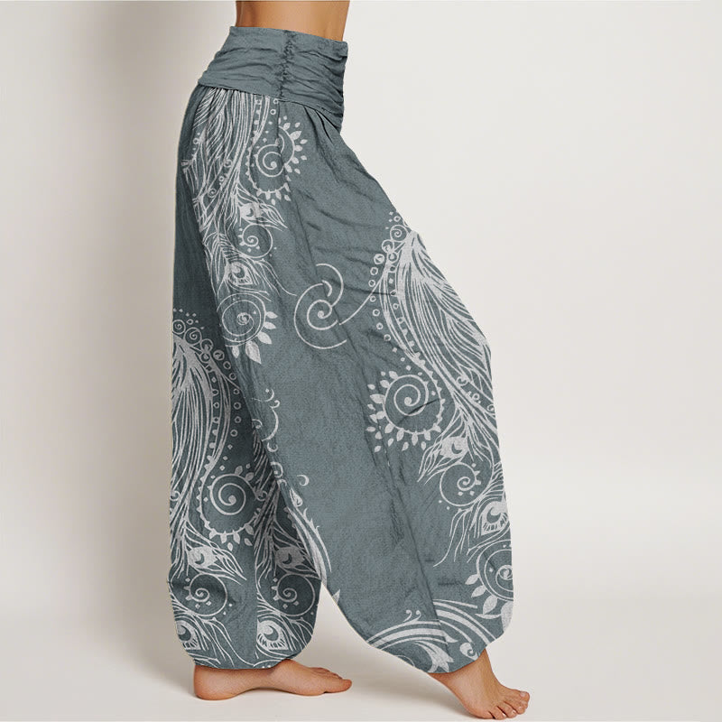 Nimara Ritual Cotton Casual Peacock Design Women's Elastic Waist Harem Pants