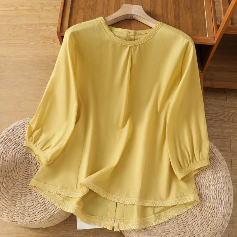 Nimara Ritual Plain Lace Hem Single Breasted Button Cotton Linen Three Quarter Sleeve Women's Crew Neck Shirt