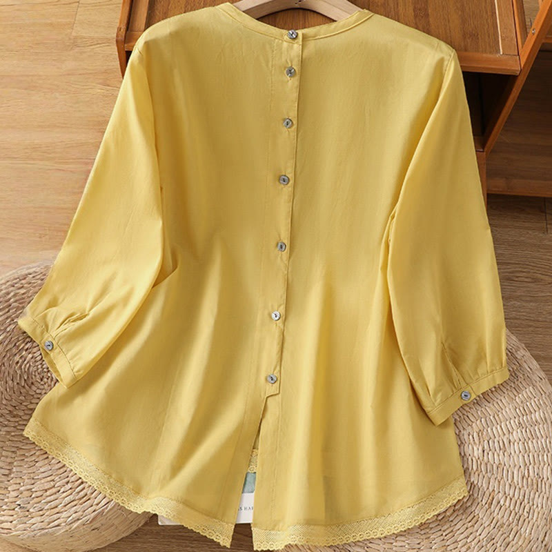 Nimara Ritual Plain Lace Hem Single Breasted Button Cotton Linen Three Quarter Sleeve Women's Crew Neck Shirt