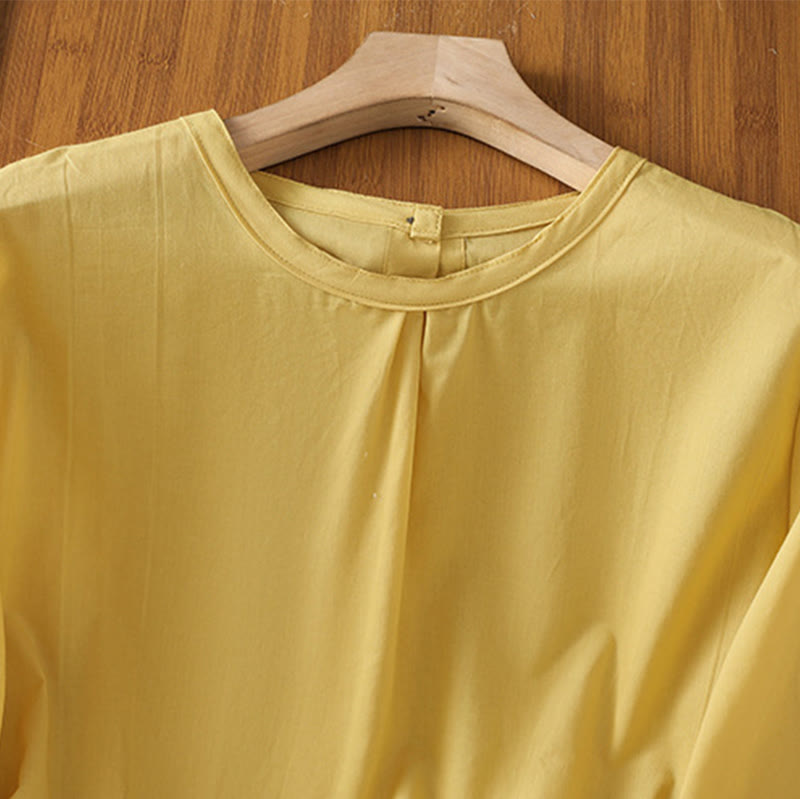 Nimara Ritual Plain Lace Hem Single Breasted Button Cotton Linen Three Quarter Sleeve Women's Crew Neck Shirt