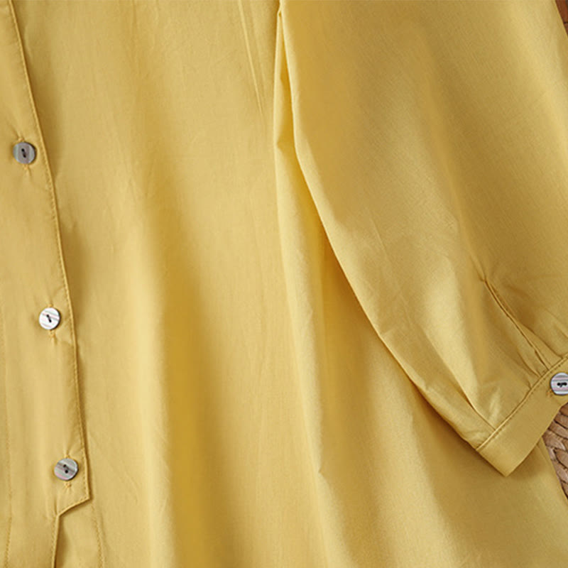 Nimara Ritual Plain Lace Hem Single Breasted Button Cotton Linen Three Quarter Sleeve Women's Crew Neck Shirt