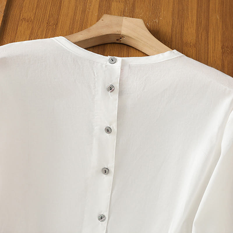 Nimara Ritual Plain Lace Hem Single Breasted Button Cotton Linen Three Quarter Sleeve Women's Crew Neck Shirt