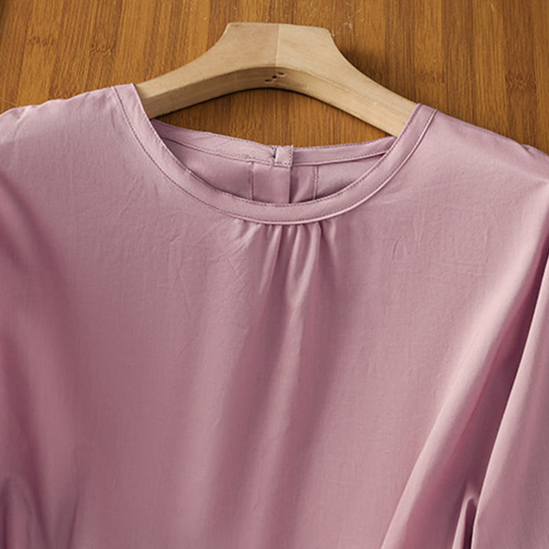 Nimara Ritual Plain Lace Hem Single Breasted Button Cotton Linen Three Quarter Sleeve Women's Crew Neck Shirt