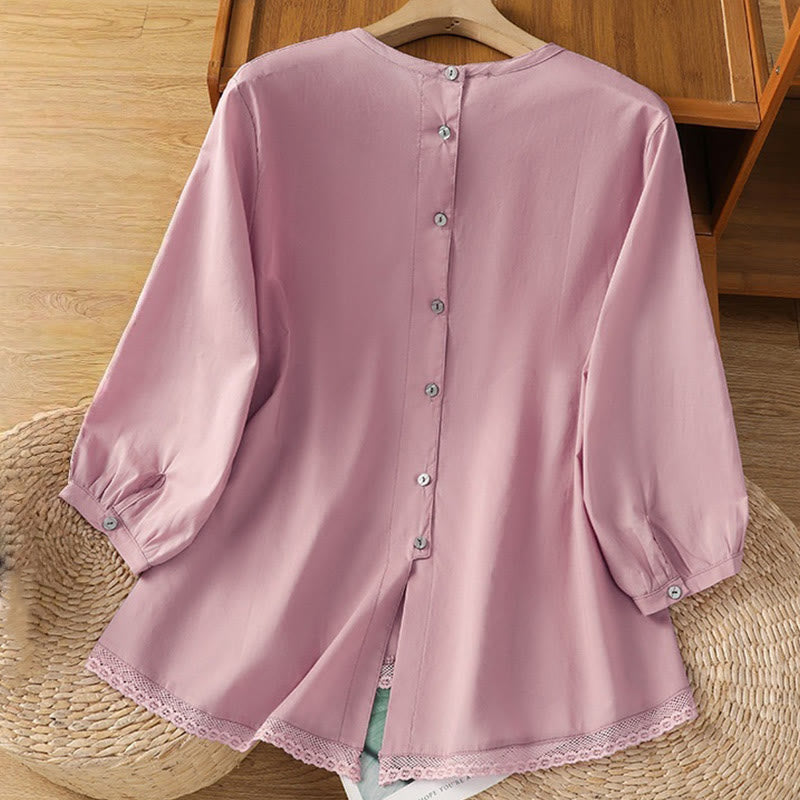 Nimara Ritual Plain Lace Hem Single Breasted Button Cotton Linen Three Quarter Sleeve Women's Crew Neck Shirt