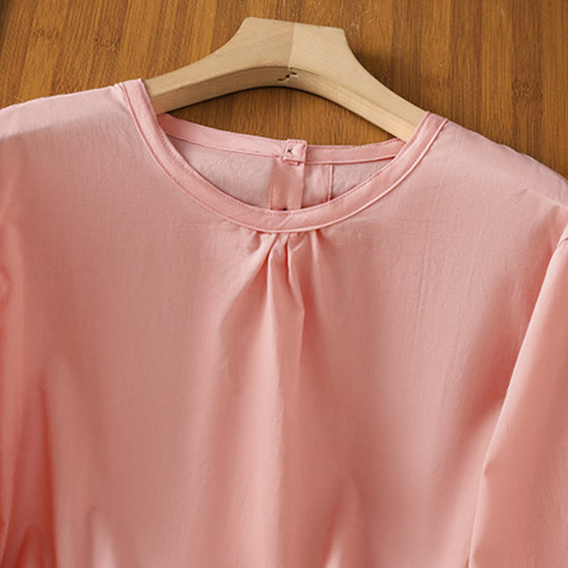 Nimara Ritual Plain Lace Hem Single Breasted Button Cotton Linen Three Quarter Sleeve Women's Crew Neck Shirt