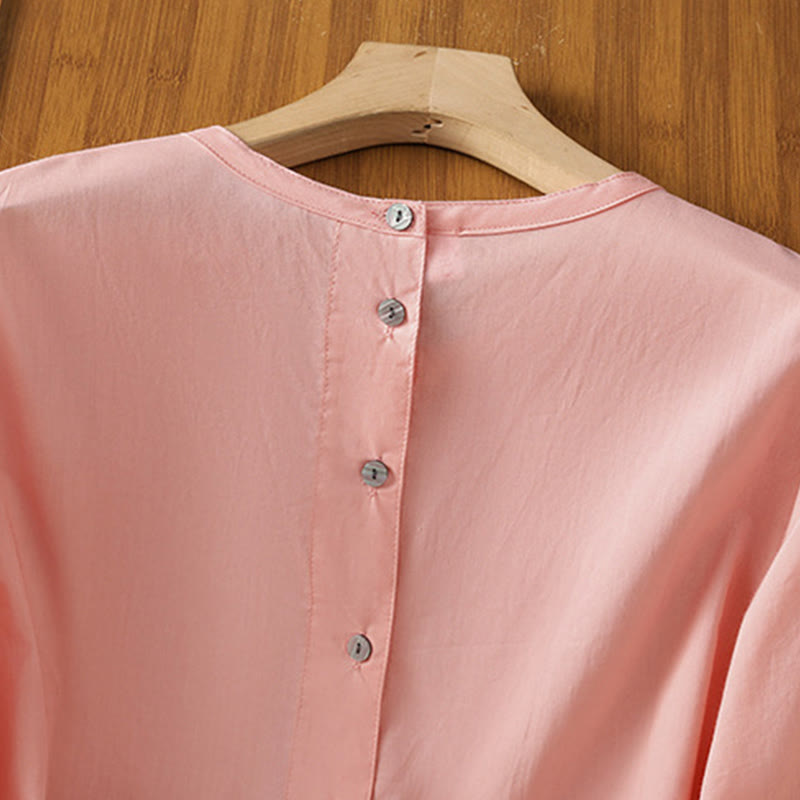 Nimara Ritual Plain Lace Hem Single Breasted Button Cotton Linen Three Quarter Sleeve Women's Crew Neck Shirt