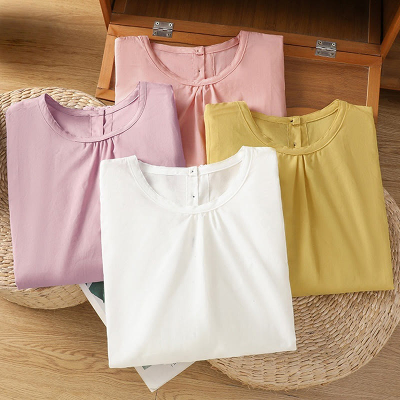 Nimara Ritual Plain Lace Hem Single Breasted Button Cotton Linen Three Quarter Sleeve Women's Crew Neck Shirt
