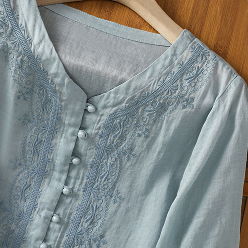 Nimara Ritual Casual Embroidery Frog-Button Polyester Half Sleeve Women's V-neck Shirt