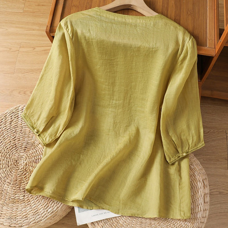 Nimara Ritual Casual Embroidery Frog-Button Polyester Half Sleeve Women's V-neck Shirt