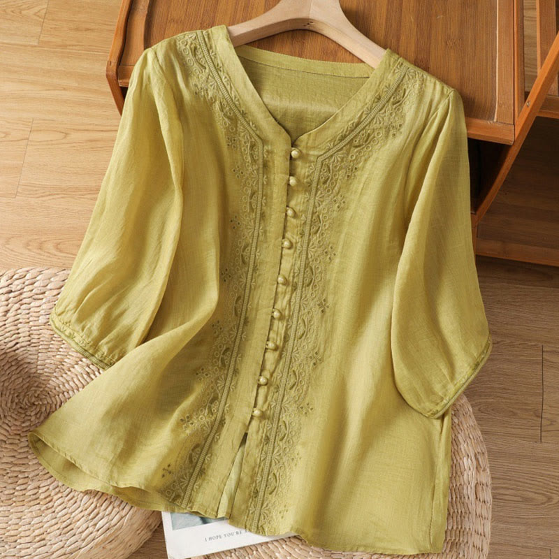 Nimara Ritual Casual Embroidery Frog-Button Polyester Half Sleeve Women's V-neck Shirt