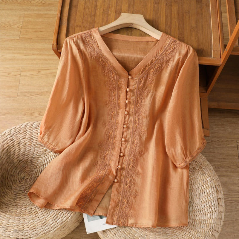 Nimara Ritual Casual Embroidery Frog-Button Polyester Half Sleeve Women's V-neck Shirt
