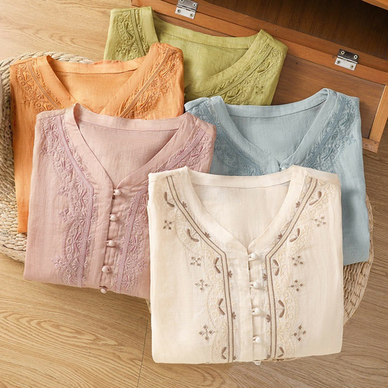 Nimara Ritual Casual Embroidery Frog-Button Polyester Half Sleeve Women's V-neck Shirt