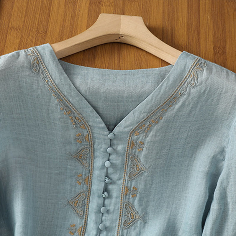 Nimara Ritual Casual Embroidery Single Breasted Button Polyester Half Sleeve Women's V-neck Shirt