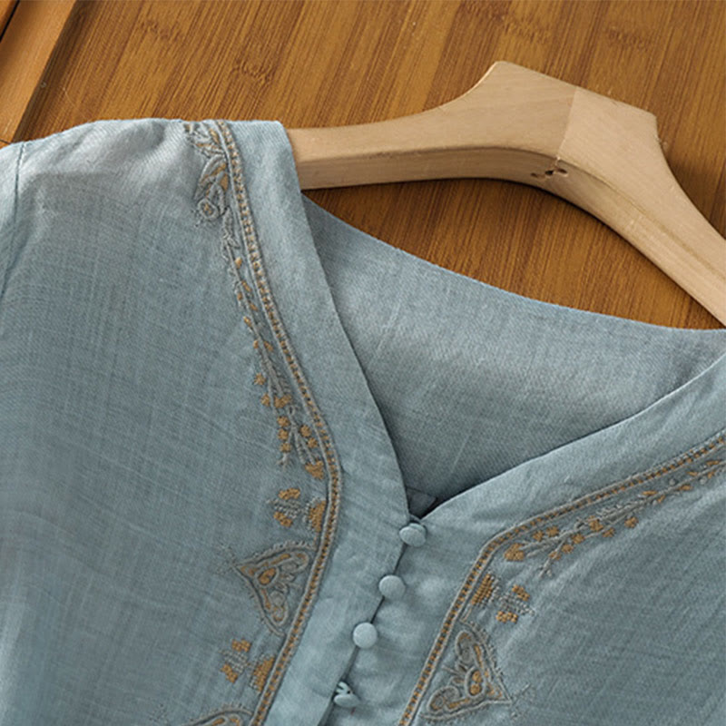 Nimara Ritual Casual Embroidery Single Breasted Button Polyester Half Sleeve Women's V-neck Shirt