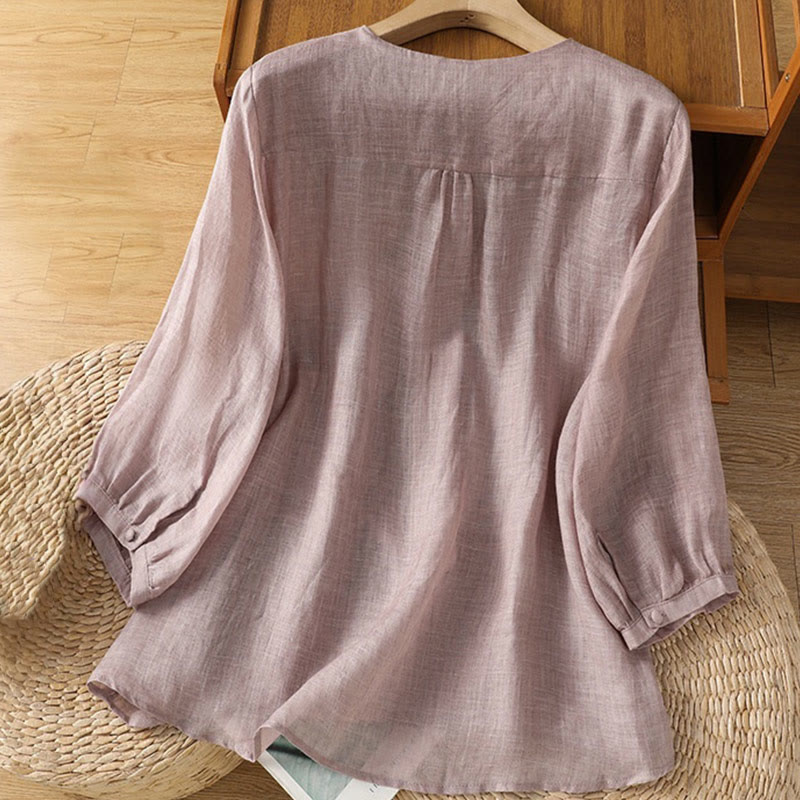 Nimara Ritual Casual Embroidery Single Breasted Button Polyester Half Sleeve Women's V-neck Shirt