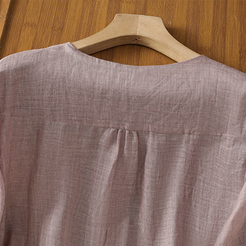 Nimara Ritual Casual Embroidery Single Breasted Button Polyester Half Sleeve Women's V-neck Shirt