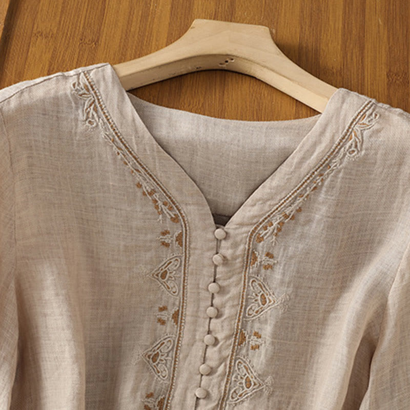 Nimara Ritual Casual Embroidery Single Breasted Button Polyester Half Sleeve Women's V-neck Shirt