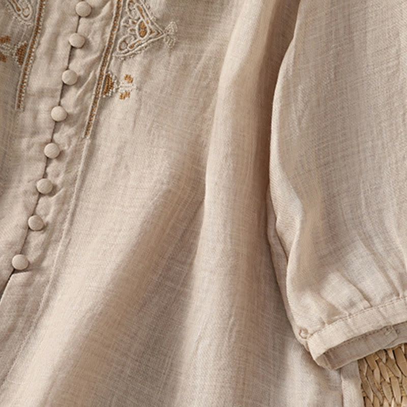 Nimara Ritual Casual Embroidery Single Breasted Button Polyester Half Sleeve Women's V-neck Shirt