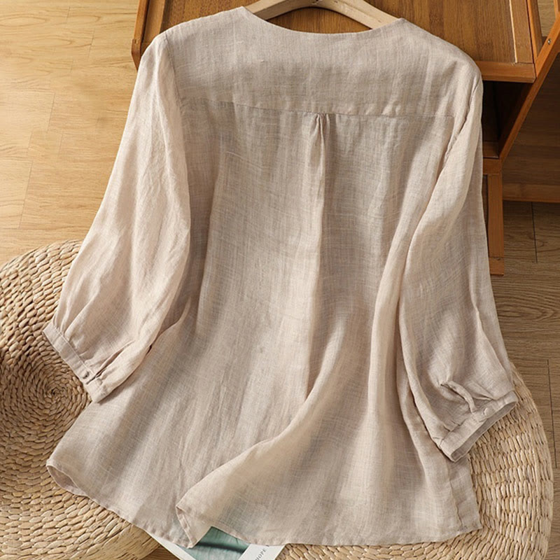 Nimara Ritual Casual Embroidery Single Breasted Button Polyester Half Sleeve Women's V-neck Shirt