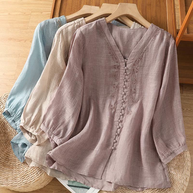 Nimara Ritual Casual Embroidery Single Breasted Button Polyester Half Sleeve Women's V-neck Shirt