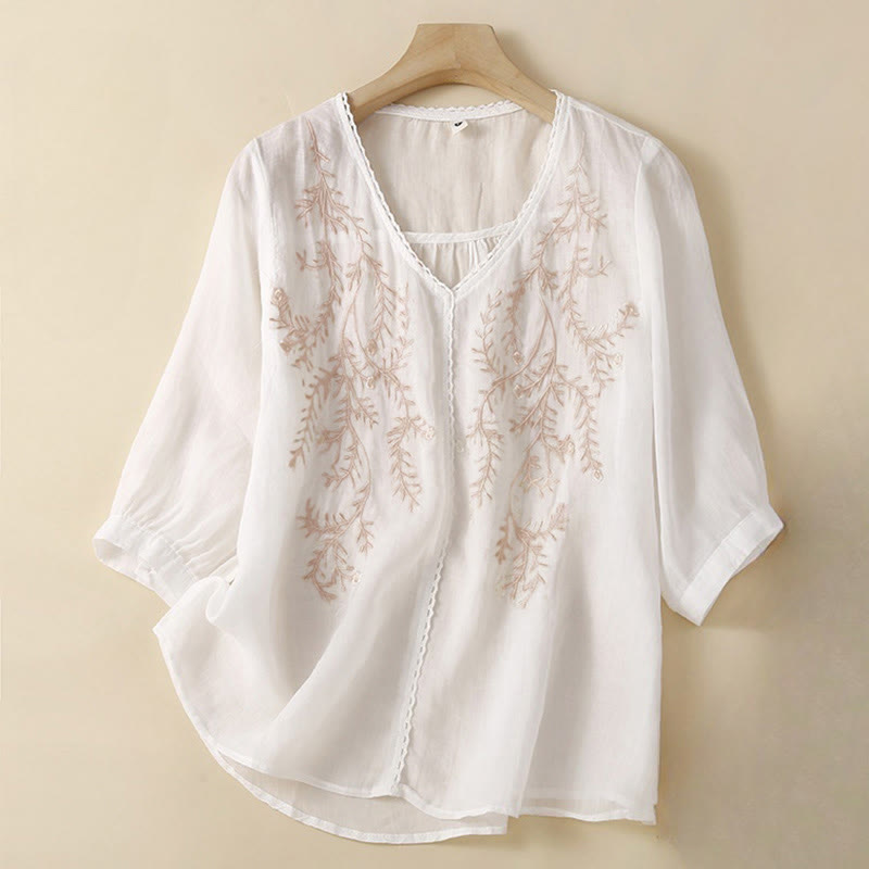 Nimara Ritual Summer Casual Flower Branches Embroidered Pattern V-Neck Half Sleeve Women's T-shirt