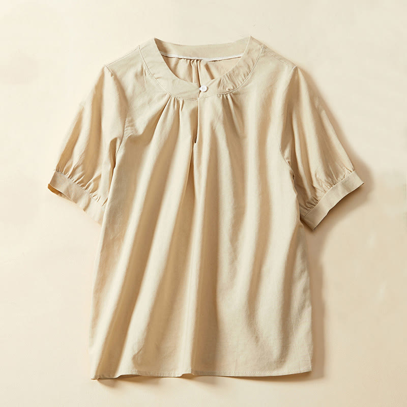 Nimara Ritual Casual Plain Button Women's Short Sleeve Cotton Linen T-shirt