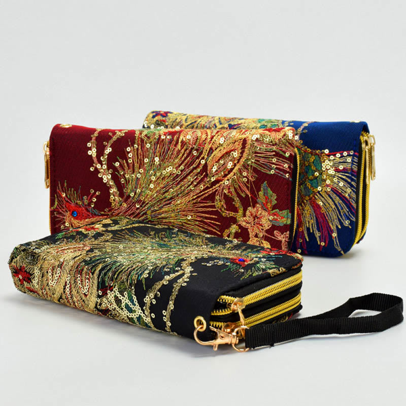 Nimara Ritual Peacock Double-sided Embroidery Cash Holder Wallet Shopping Purse
