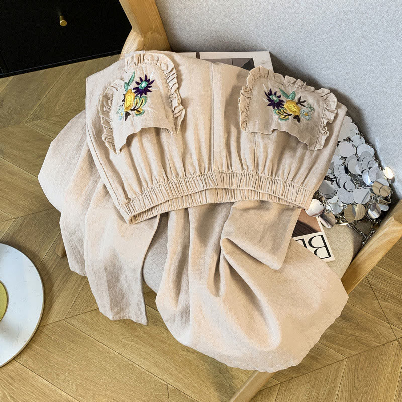 Nimara Ritual Casual Beige Embroidery Women's Wide Leg Cotton Linen Pants With Pockets