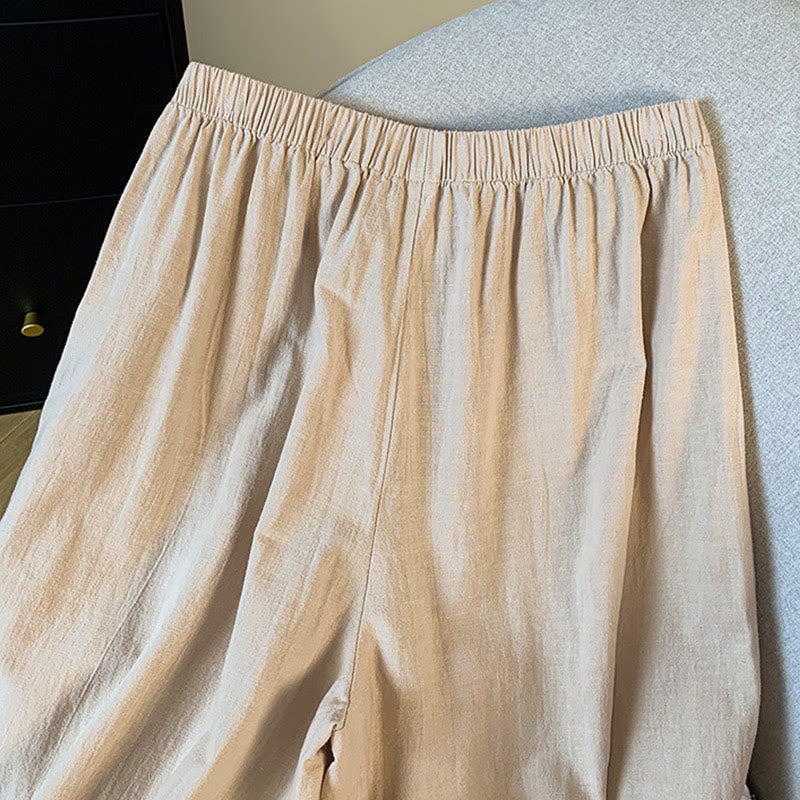 Nimara Ritual Casual Beige Embroidery Women's Wide Leg Cotton Linen Pants With Pockets