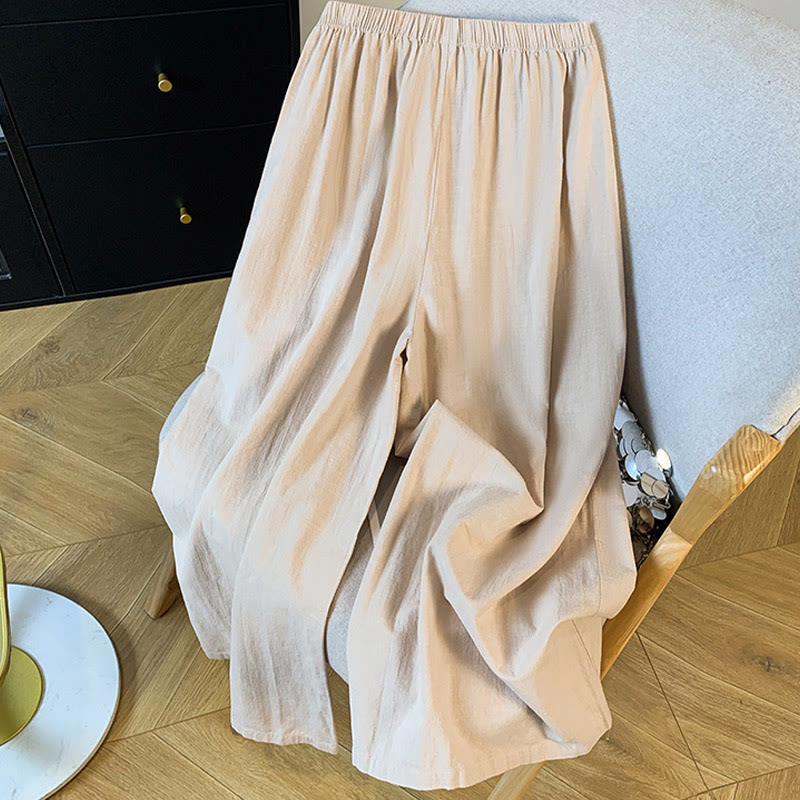 Nimara Ritual Casual Beige Embroidery Women's Wide Leg Cotton Linen Pants With Pockets