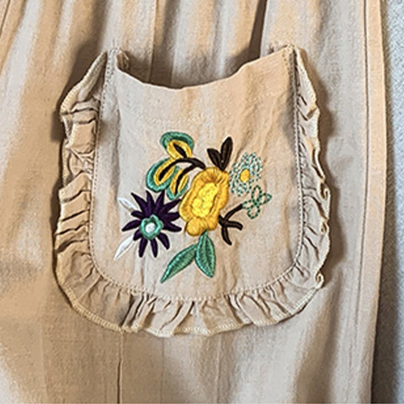 Nimara Ritual Casual Beige Embroidery Women's Wide Leg Cotton Linen Pants With Pockets