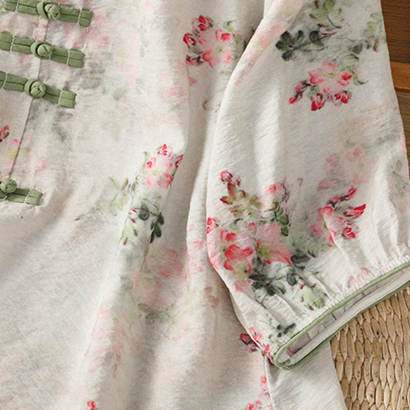 Nimara Ritual Printing Floral Plain Chinese Frog-Button Women's Cotton Three Quarter Sleeve Shirt