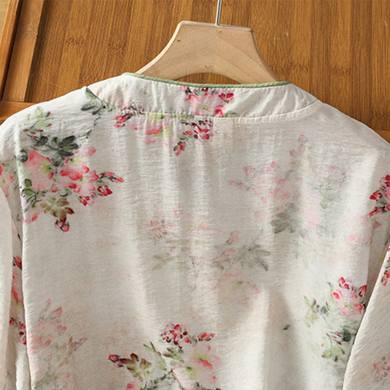 Nimara Ritual Printing Floral Plain Chinese Frog-Button Women's Cotton Three Quarter Sleeve Shirt