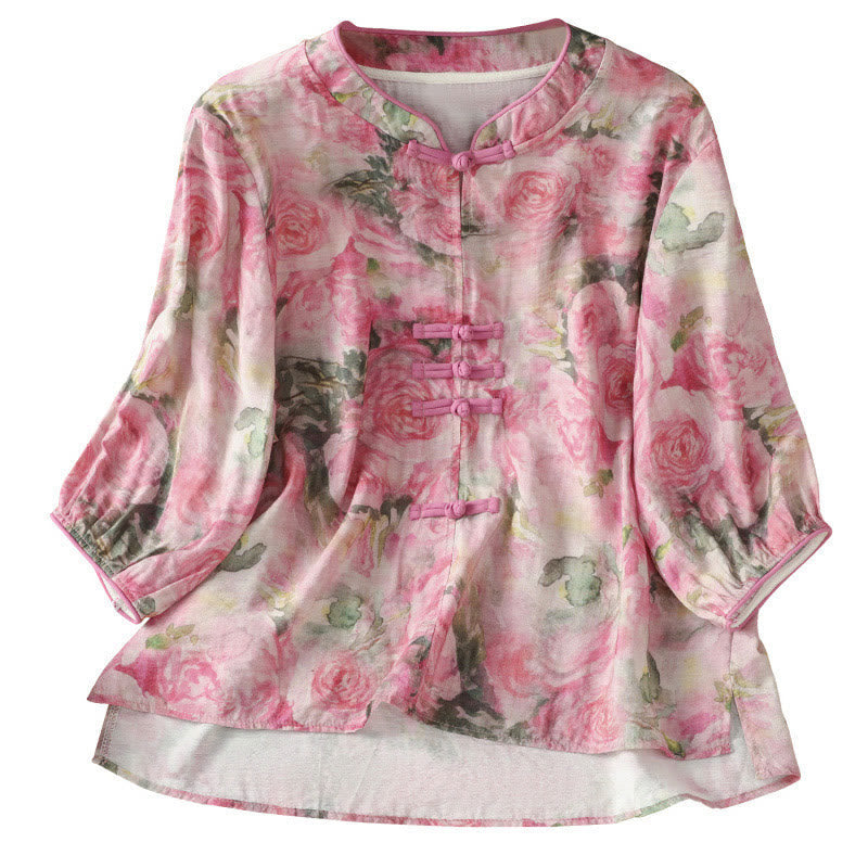 Nimara Ritual Printing Floral Plain Chinese Frog-Button Women's Cotton Three Quarter Sleeve Shirt