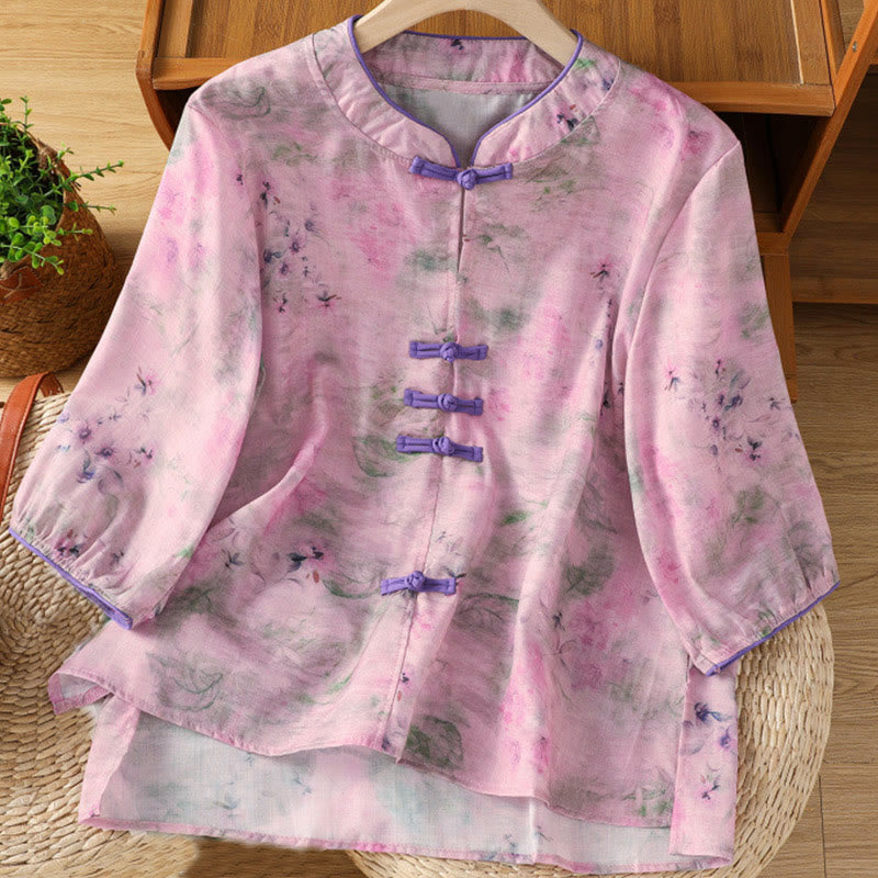 Nimara Ritual Printing Floral Plain Chinese Frog-Button Women's Cotton Three Quarter Sleeve Shirt