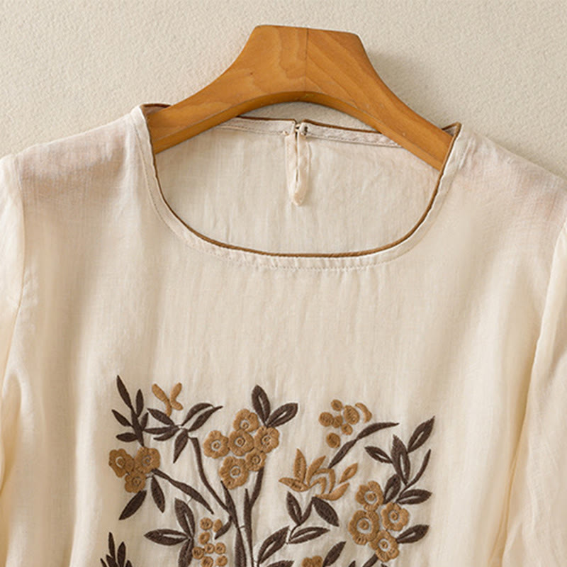 Nimara Ritual Retro Embroidery Floral Three Quarter Sleeve Women's Cotton T-Shirt