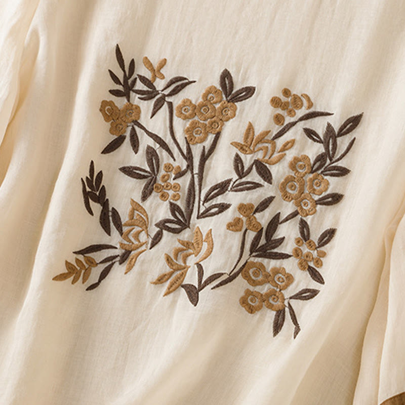 Nimara Ritual Retro Embroidery Floral Three Quarter Sleeve Women's Cotton T-Shirt