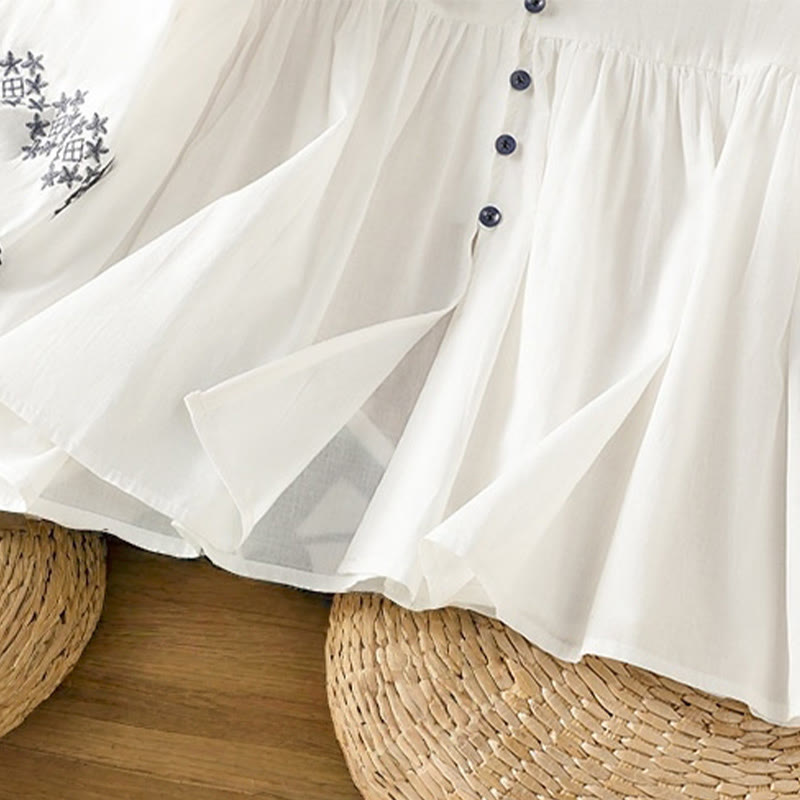 Nimara Ritual Embroidery Pleated Buttons Long Lantern Sleeve Women's Cotton Shirt