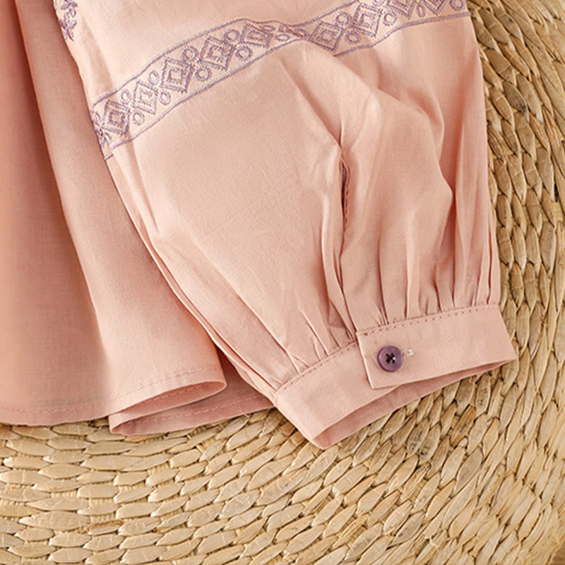 Nimara Ritual Embroidery Pleated Buttons Long Lantern Sleeve Women's Cotton Shirt