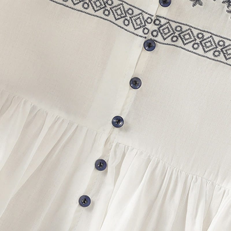 Nimara Ritual Embroidery Pleated Buttons Long Lantern Sleeve Women's Cotton Shirt