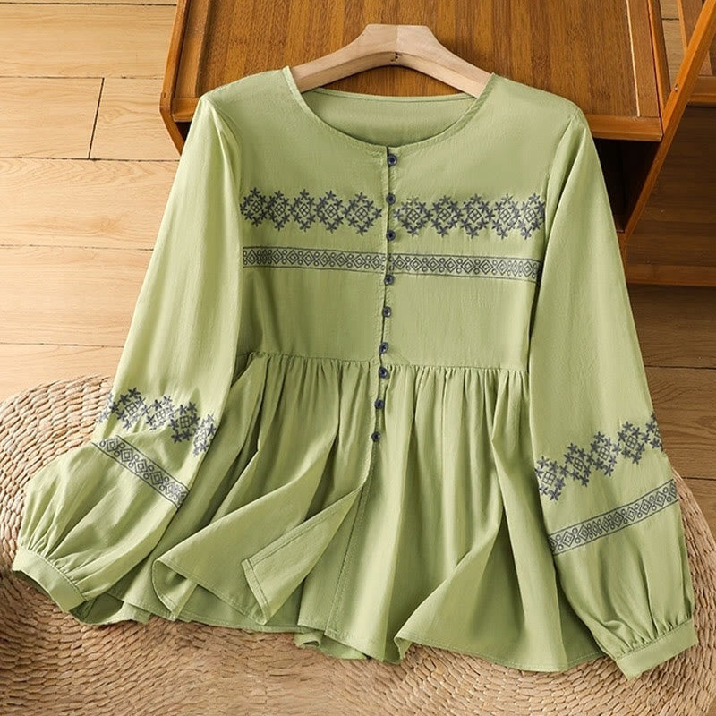 Nimara Ritual Embroidery Pleated Buttons Long Lantern Sleeve Women's Cotton Shirt