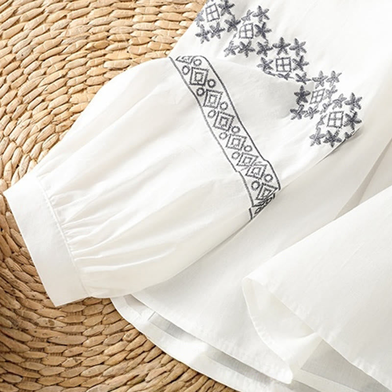 Nimara Ritual Embroidery Pleated Buttons Long Lantern Sleeve Women's Cotton Shirt