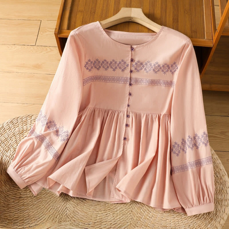 Nimara Ritual Embroidery Pleated Buttons Long Lantern Sleeve Women's Cotton Shirt