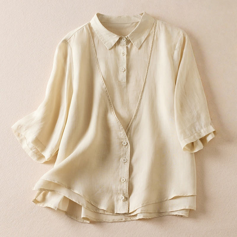 Nimara Ritual Retro Plain Fake Two Pieces Button Half Sleeve Design Women's Cotton Linen Shirt